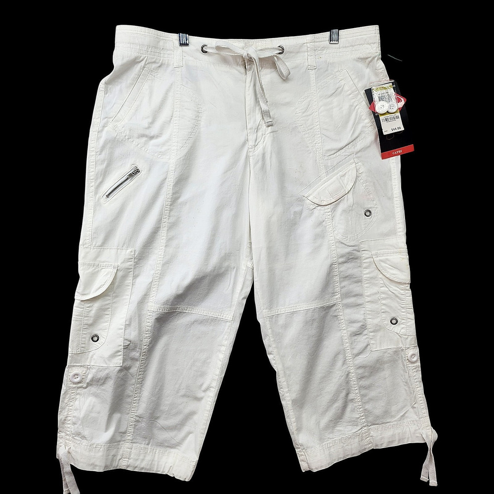 NWT Style Co Womens Capris 14 White Cargo Pockets Pull Tie Hem Summer Beach - Picture 2 of 13